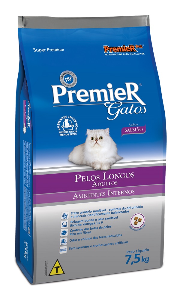 PREMIER AMBIENTES INTERNOS GATOS ADULTOS PELOS LONGOS SALMAO 7,5KG