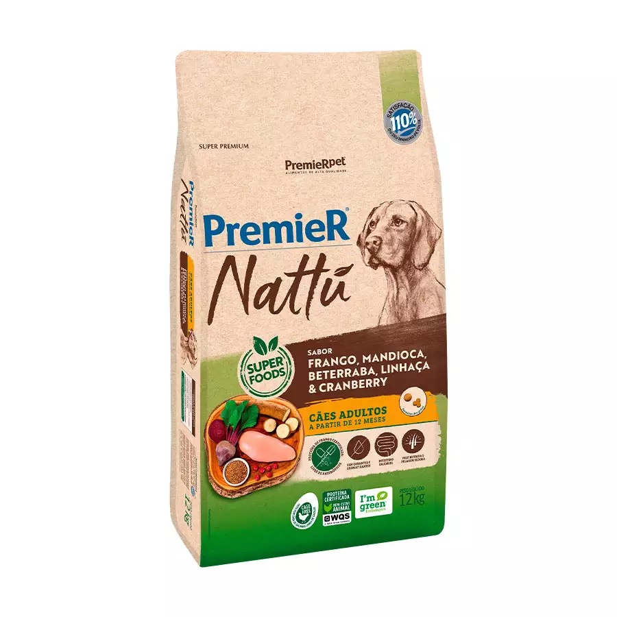 PREMIER NATTU FRANGO/MANDIOCA/BETERRABA/LINHACA/CRANBERRY CAES ADULTOS MED/GRD 12 KG